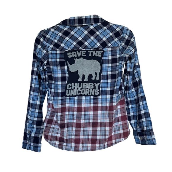 Save The Chubby Unicorns Plaid Flannel Button Down Shirt Girls SIZE 14 Unique - Picture 1 of 6